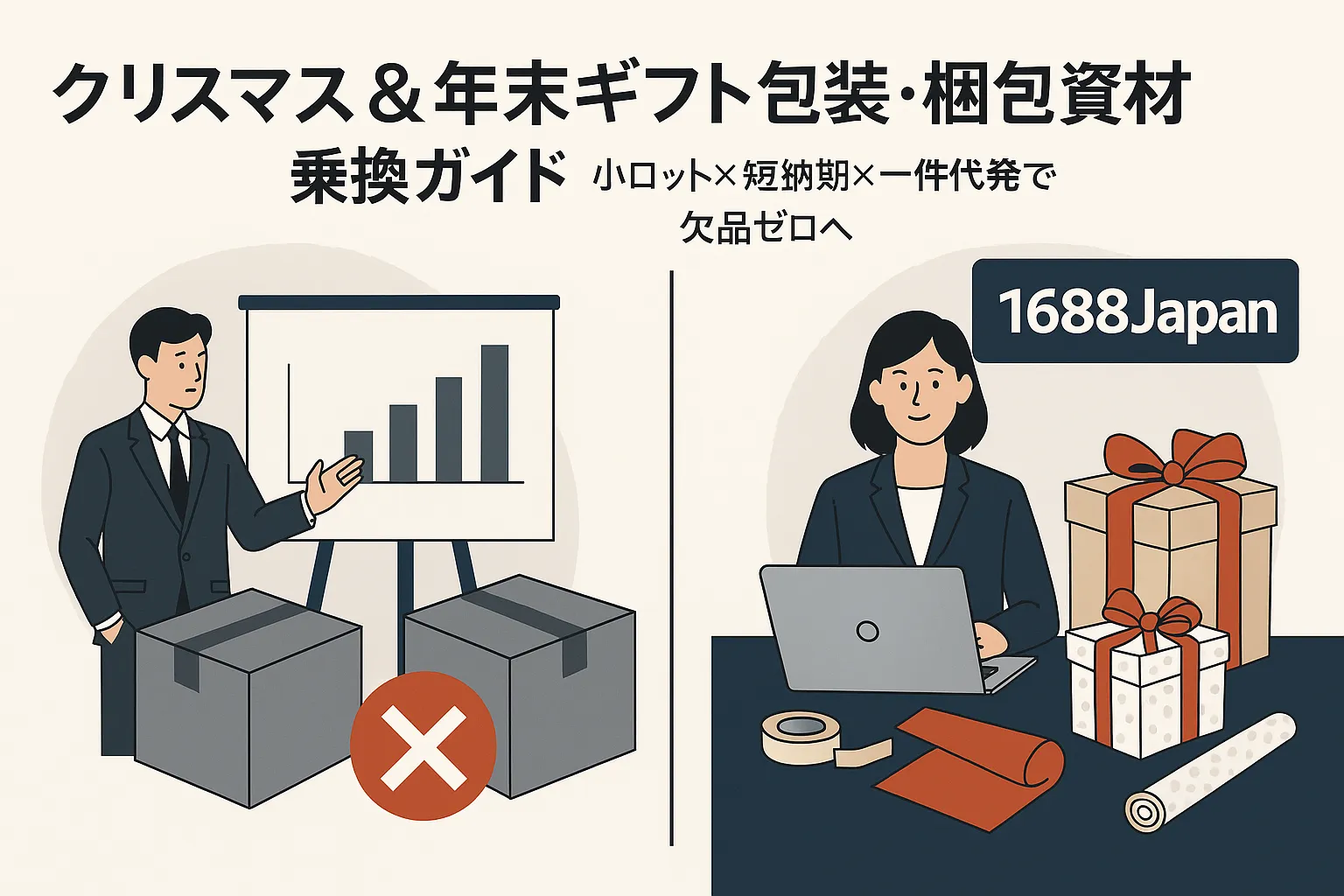 KV：クリスマス＆年末ギフト包装・梱包資材 乗換ガイド（1688Japanロゴ・ビジネス調）