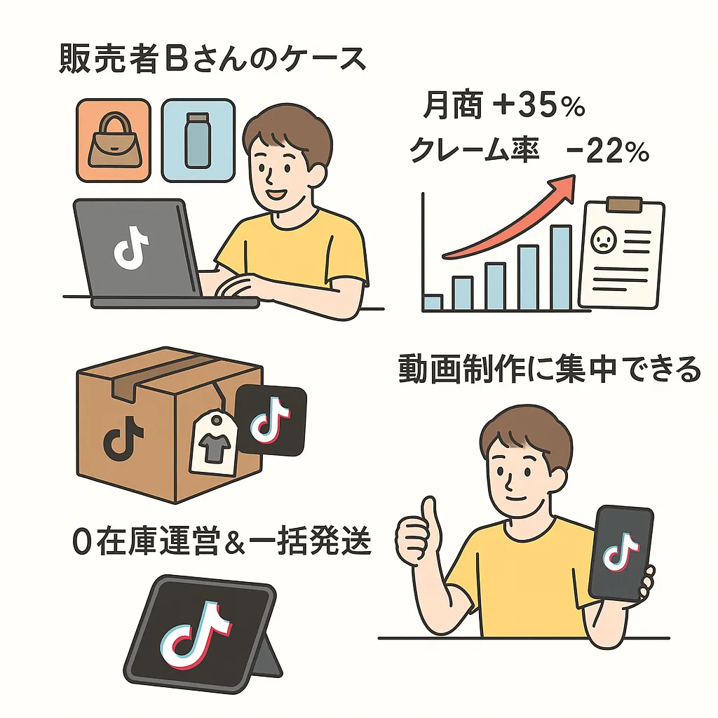 Bさんの月商アップ・クレーム減少など成果データのビジュアル図