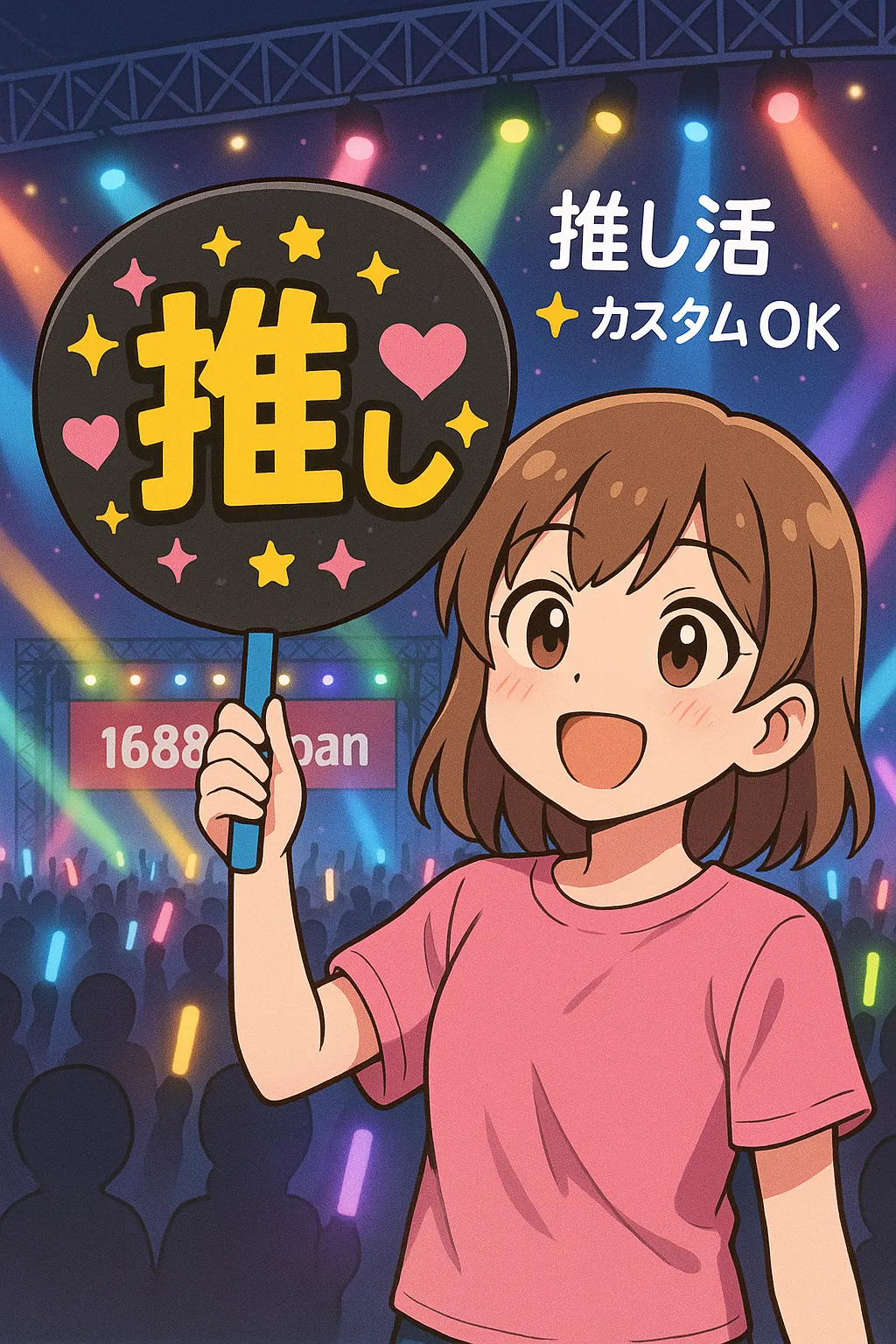 推し活グッズを持つキャラクター（ライブ会場風）