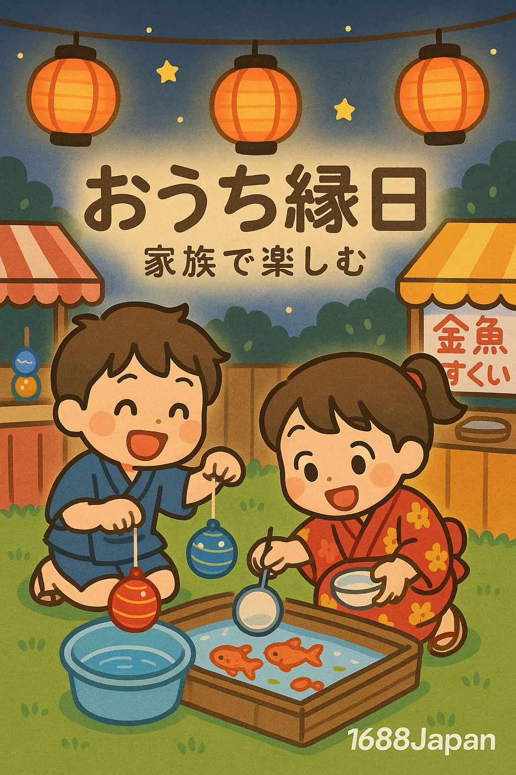 家庭で縁日を楽しむ子どもたち（縁日風背景）