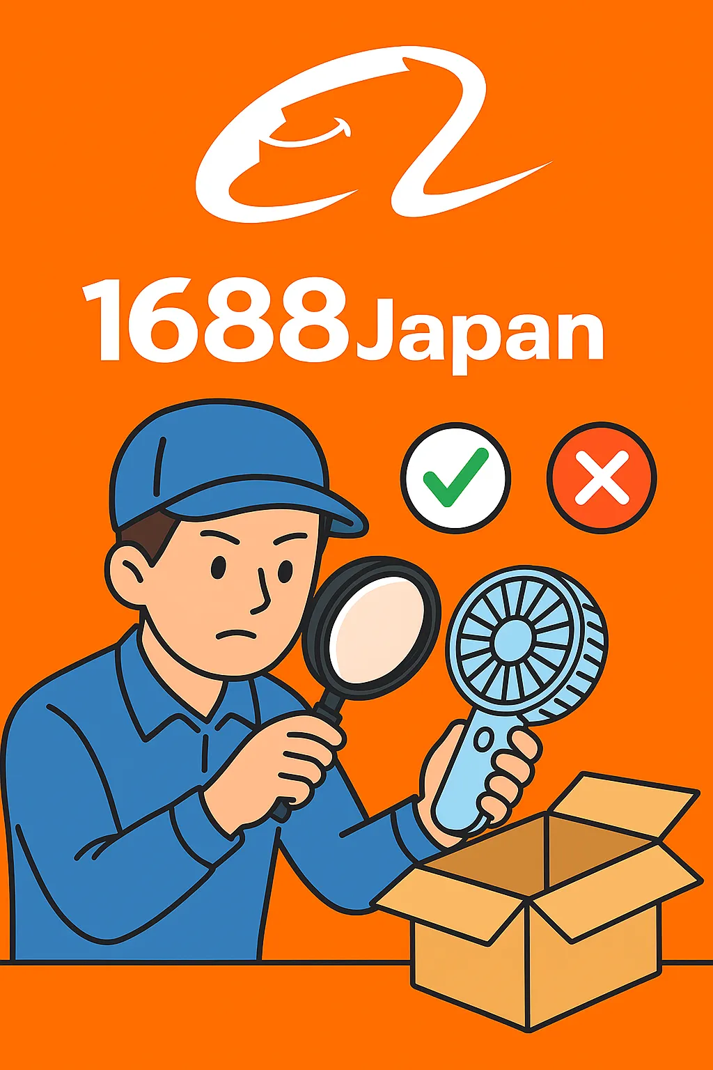 検品の注意点を示す女性スタッフ＋虫眼鏡＋表情アイコン
