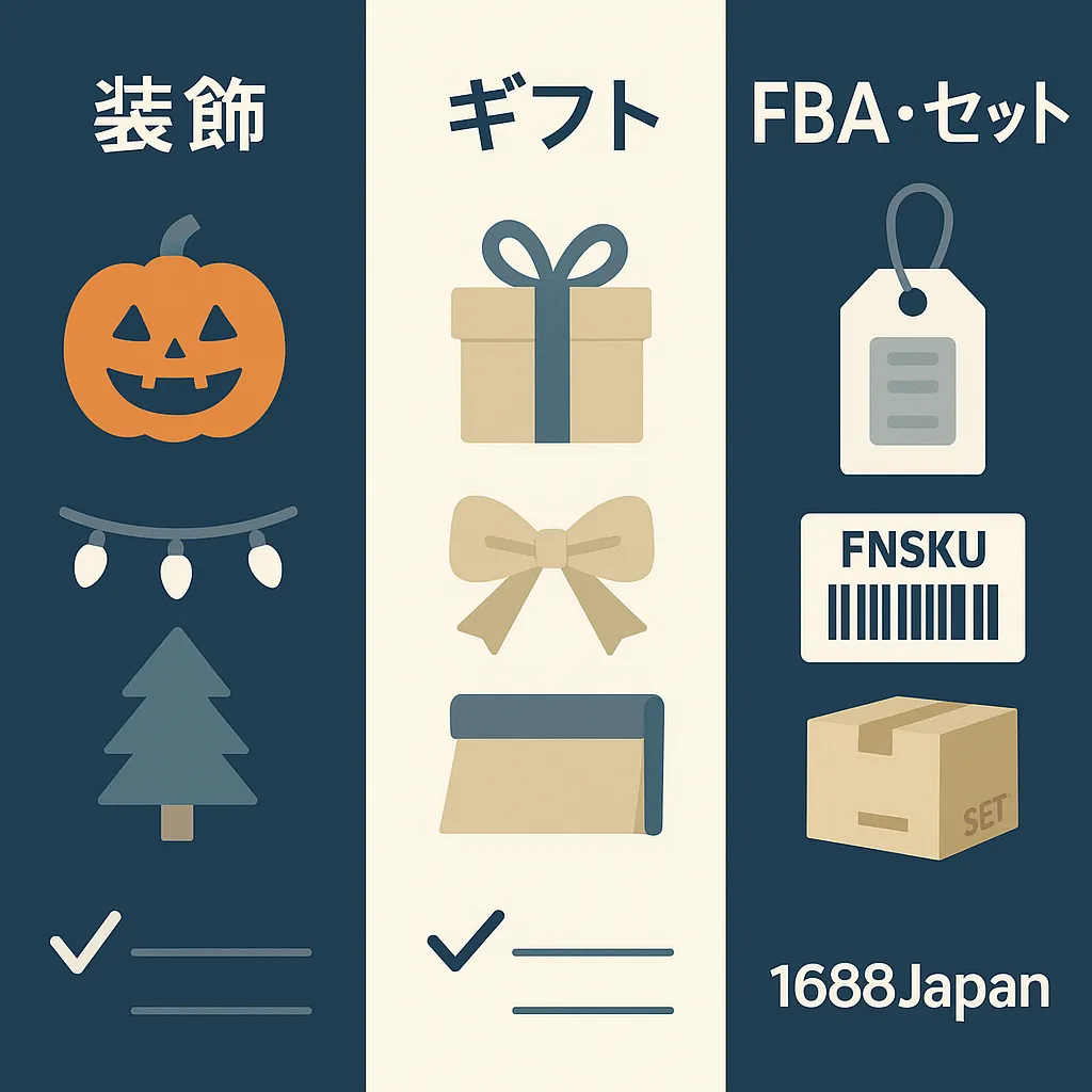 章イメージ：装飾・ギフト・ラッピング・FBAラベル（ビジネス調・1688Japanロゴ要素）