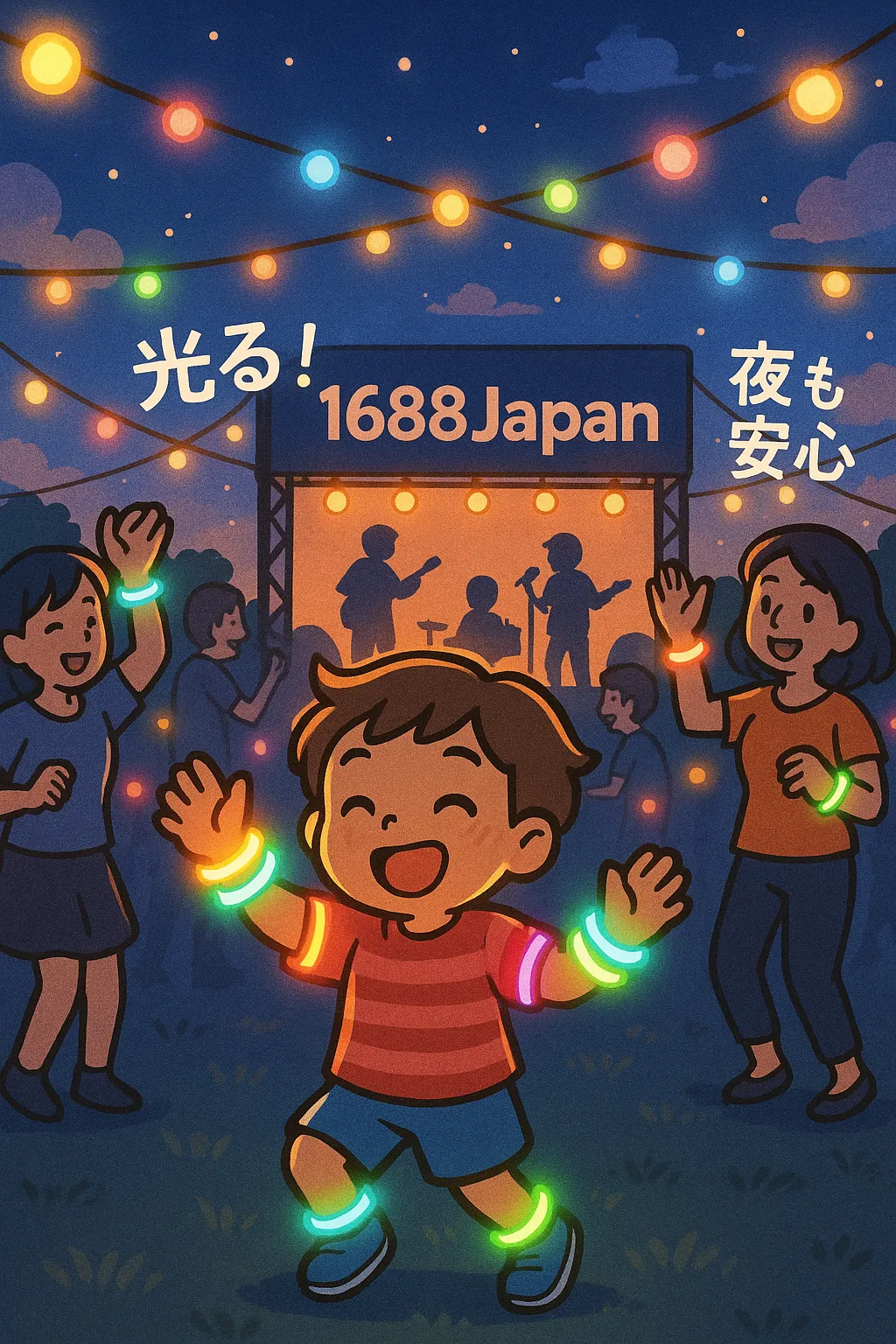 光るバンドをつけて踊るキャラクター