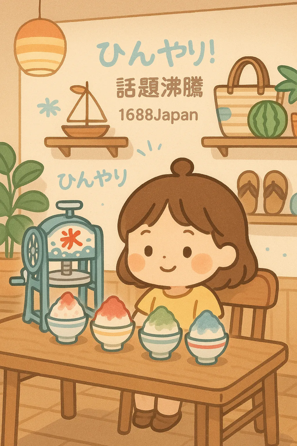 かき氷器とカラフルアイスを囲むキャラクター（カフェ風）