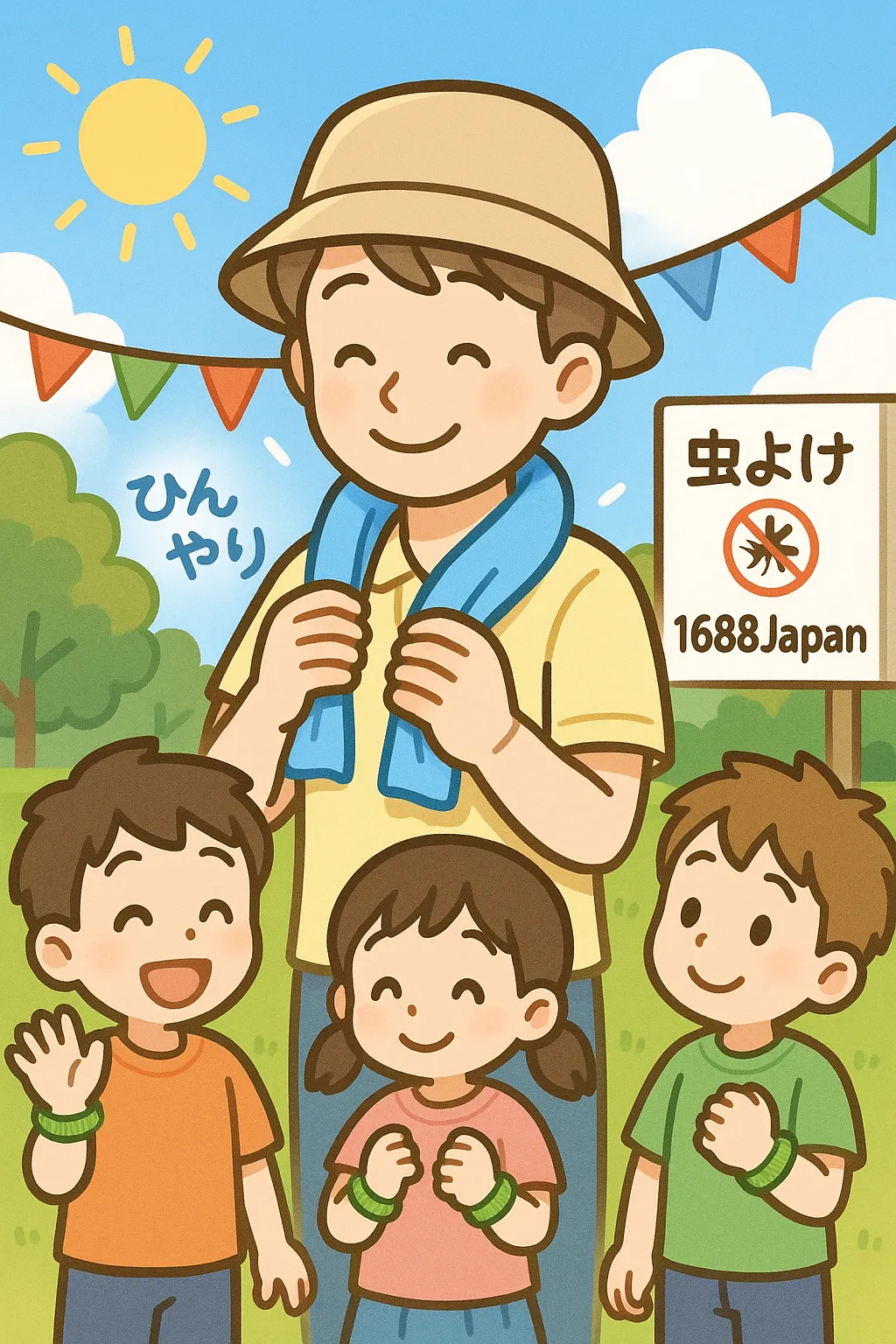 タオルを首に巻いた保育士キャラクターと虫除けブレス
