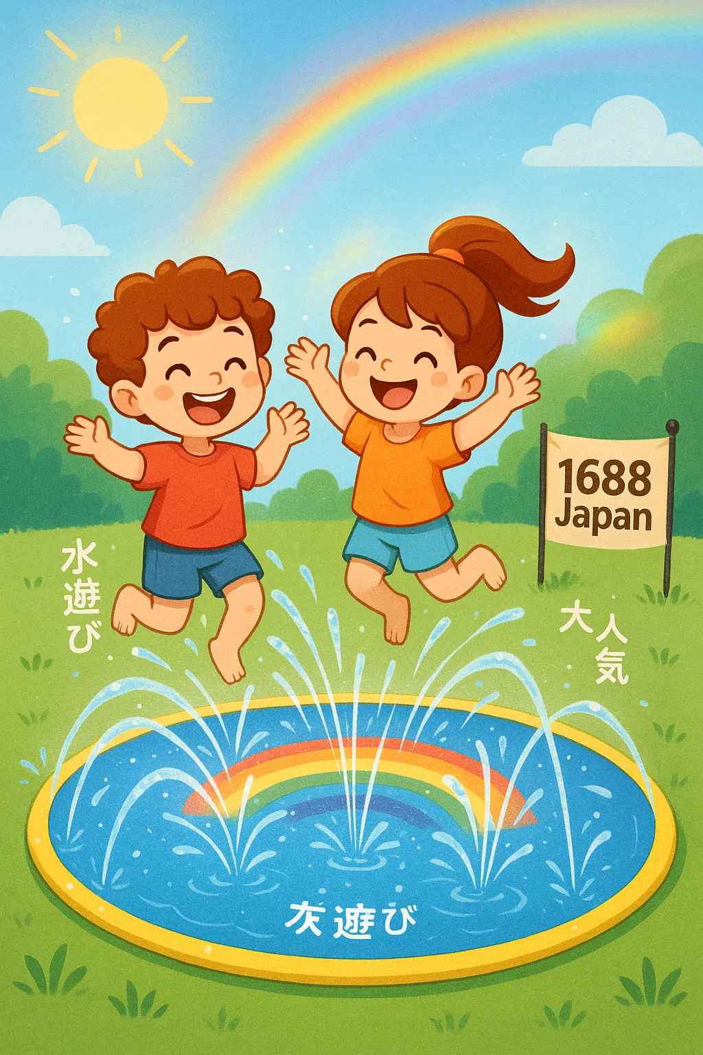 スプリンクラーマットで遊ぶ子どもたち