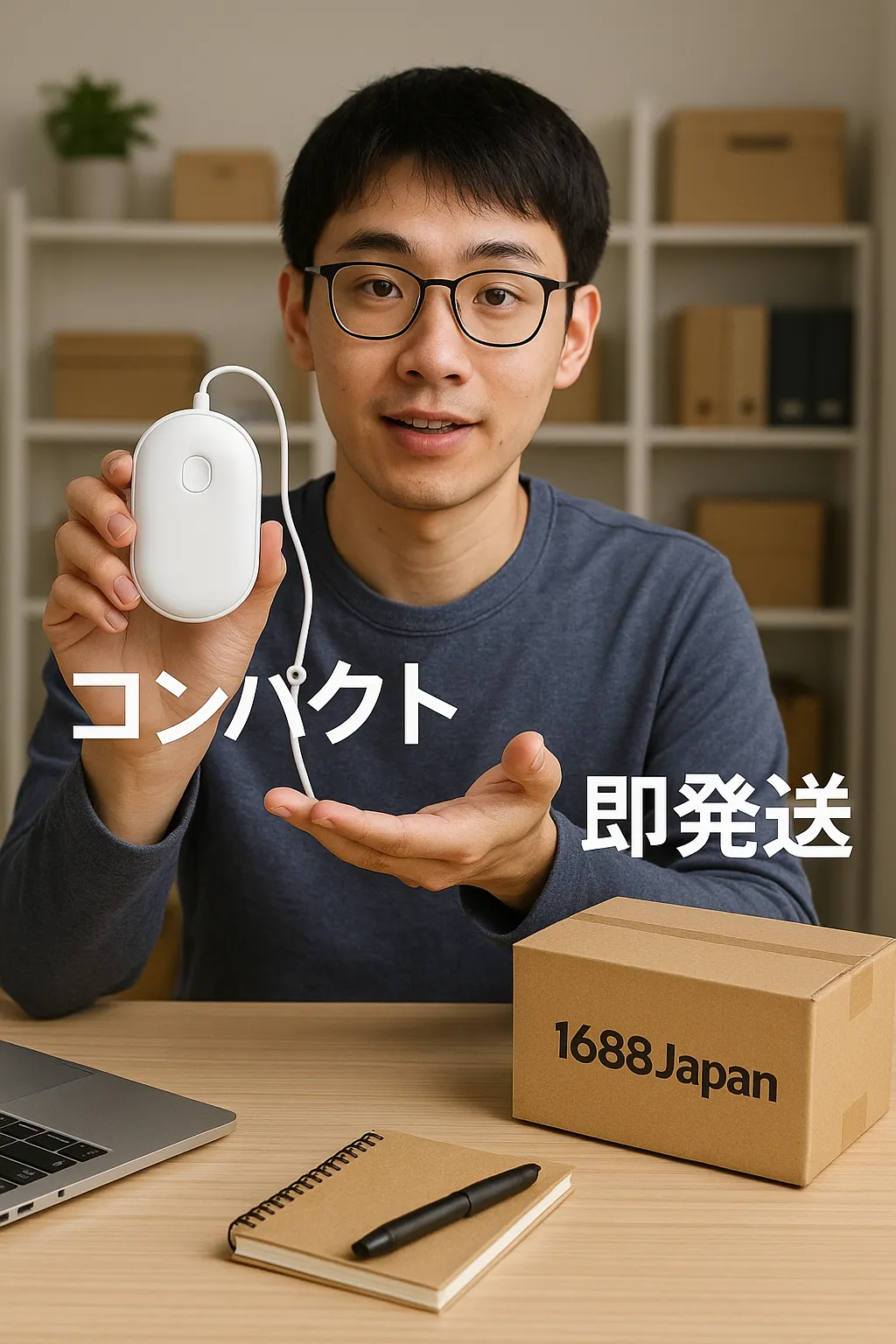 USBハンドウォーマーを使う女性キャラクター（カートゥーン）
