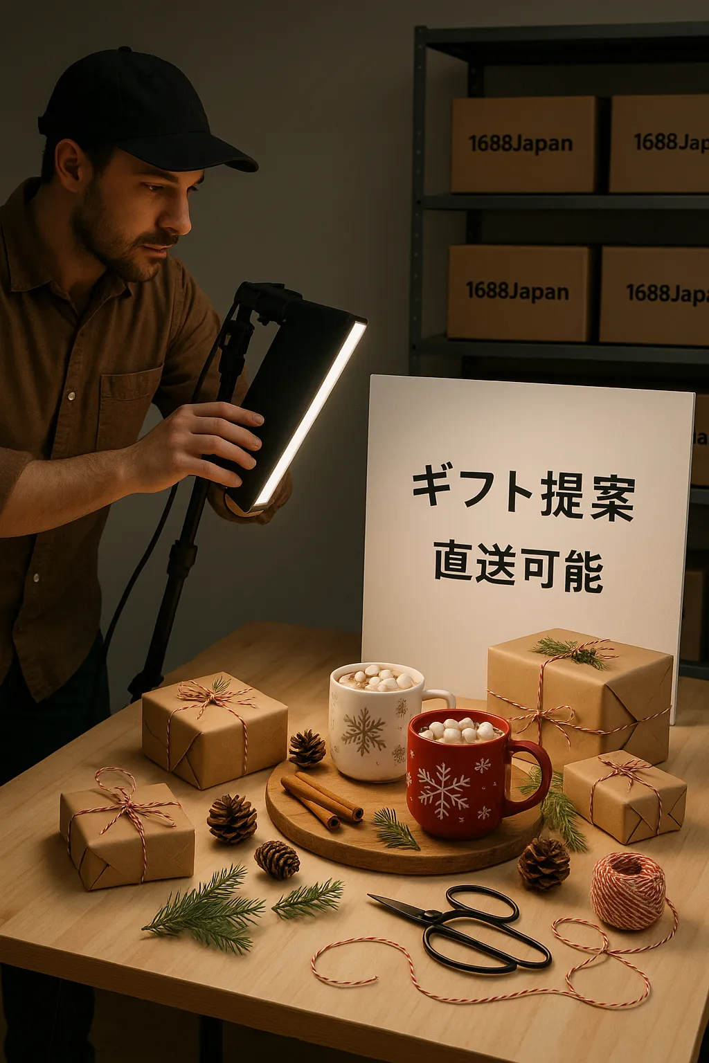 ホットチョコを持つキャラクターと冬カップ