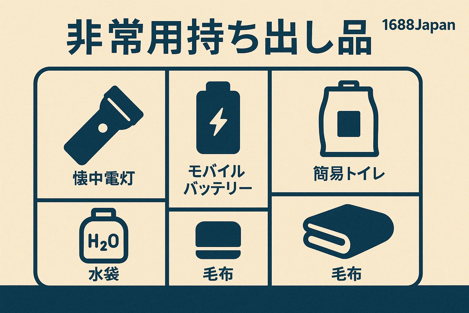 章図：ランタン・電源・簡易トイレ・保温（ビジネス調・1688Japanロゴ要素）
