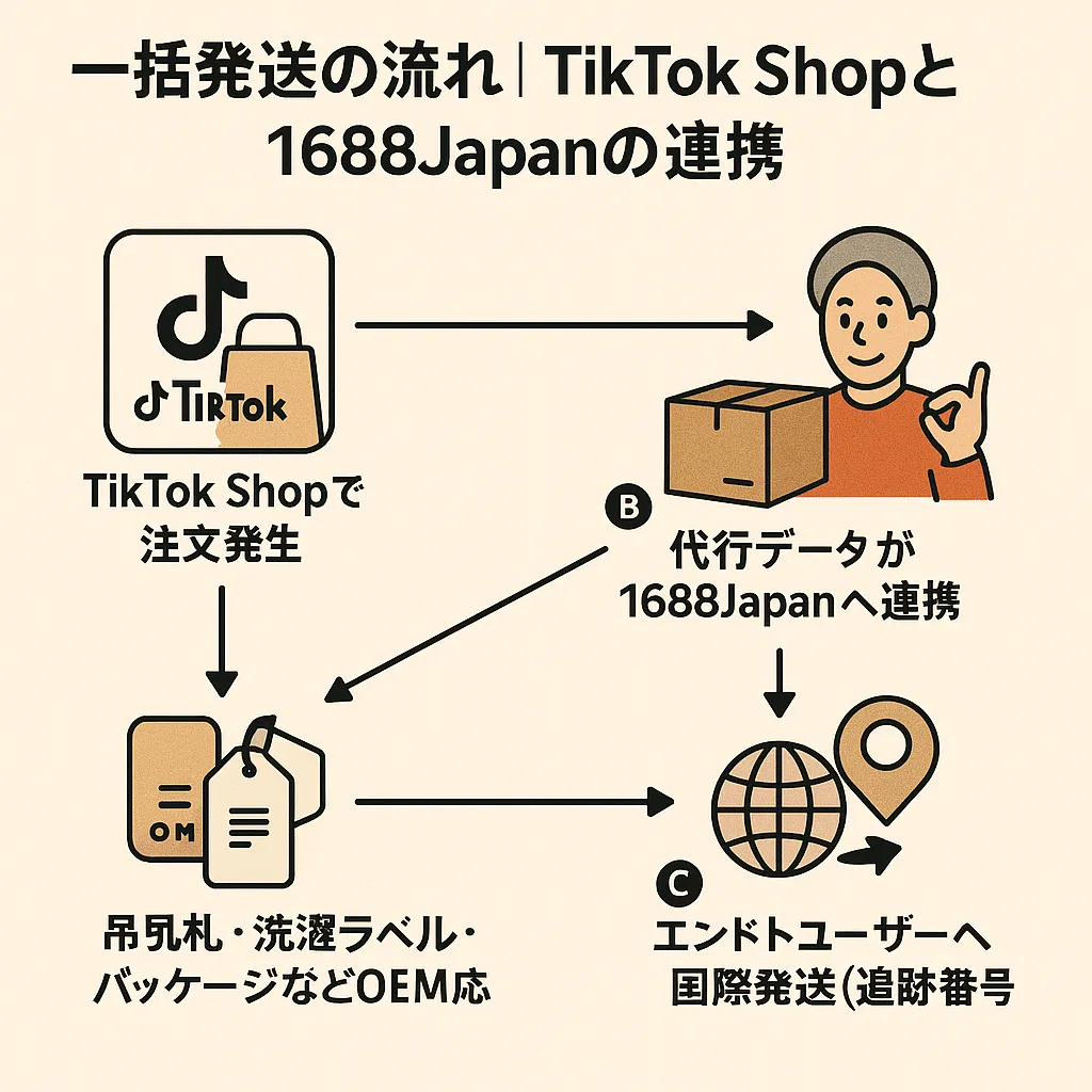 TikTok販売者Bさんが1688Japanを活用した運営ステップのイラスト